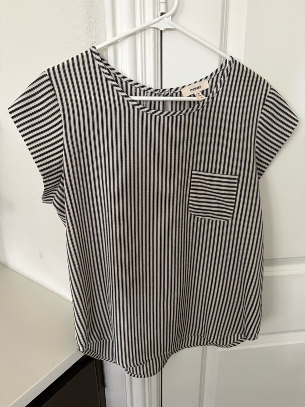 meraki Black & White Vertical Stripe Cap-Sleeve Tee
